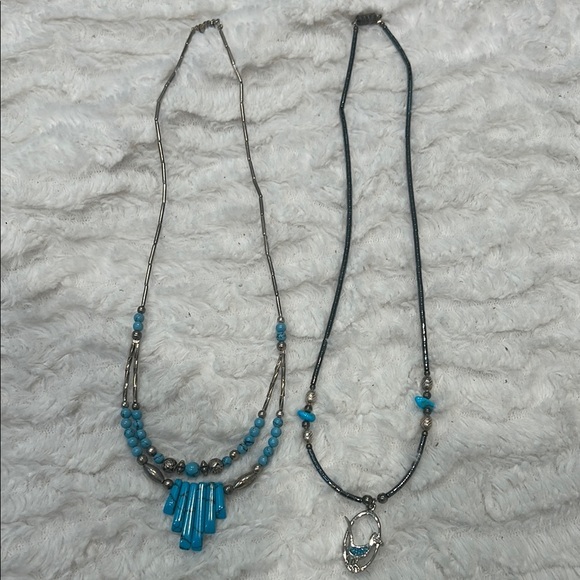 Vintage bundle 2 Blue Beaded faux turquoise silver Necklace Set Native American - Picture 1 of 5